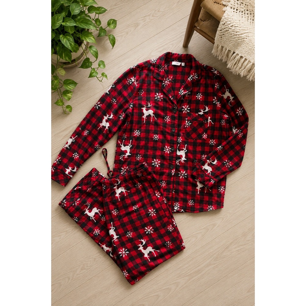 La Vie En Rose Buffalo Plaid Flannel Pajama Set Deer Snowflake Cabincore Sz M